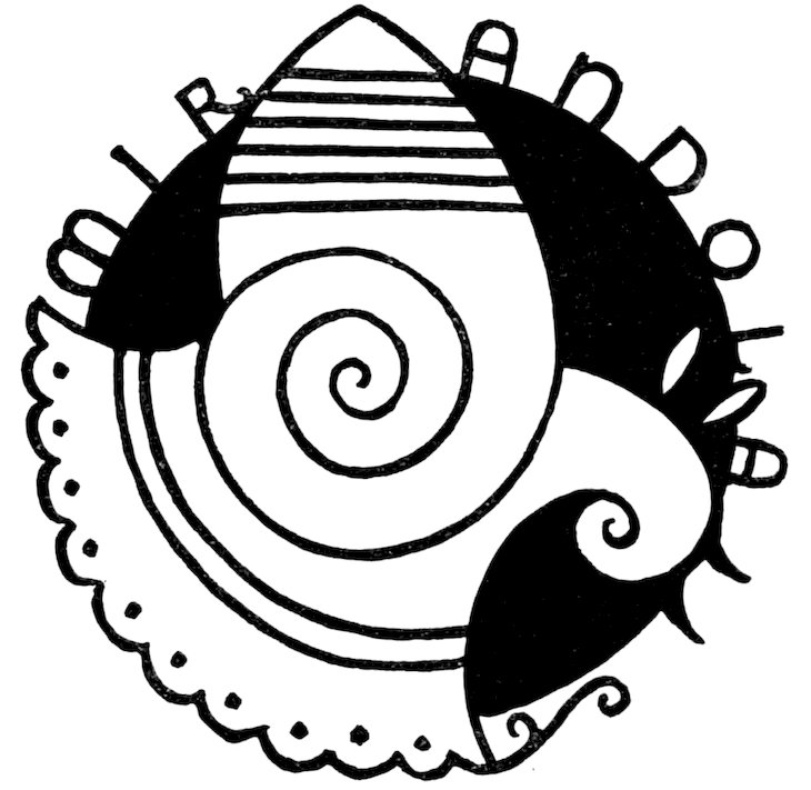 Black and white circular illustration featuring an abstract, swirling design with concentric lines, striped and dark shapes, and MIRANDOLA winding along the outer border.