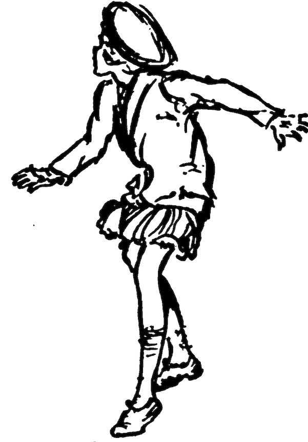 Black and white illustration of a girl dancing or leaping dynamically with arms outstretched.