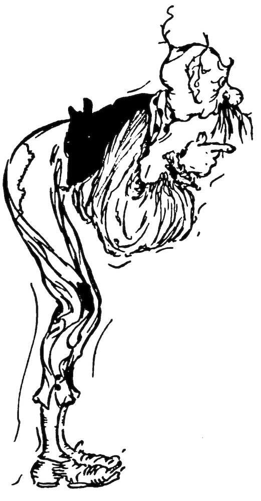 Black and white illustration of an eccentric, hunched-over figure pointing forward.