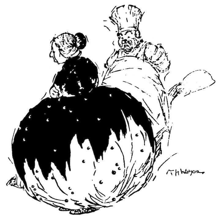 Black and white illustration of an elderly woman while a chef looks on.