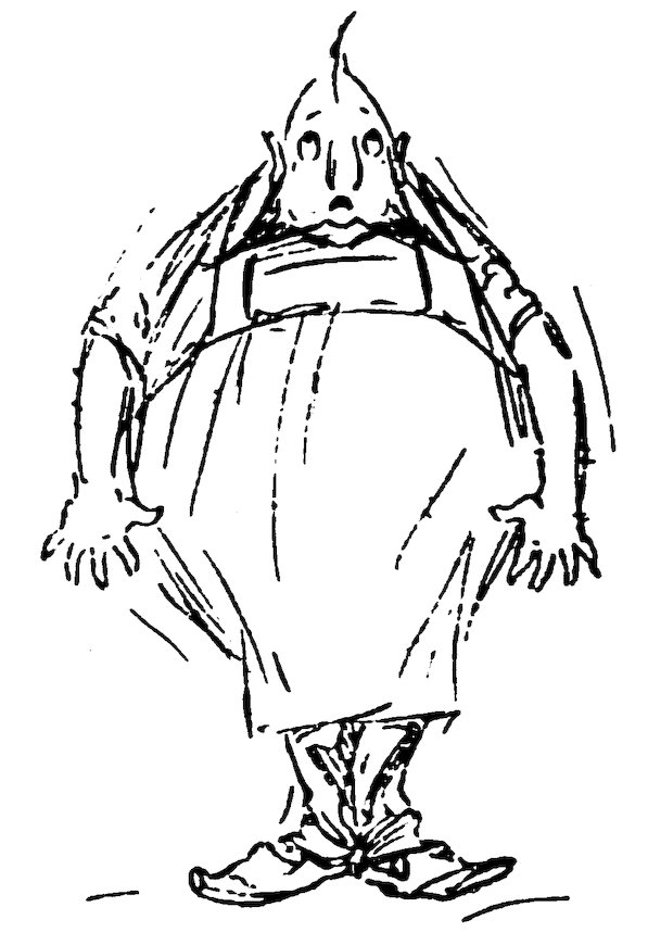 Black and white line illustration of a portly, comical figure standing with arms out and feet together, wearing an apron.