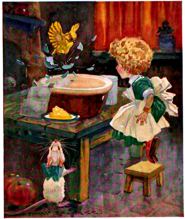 Color illustration of a girl standing on a small wooden stool peering into a bowl on a table as a yellow bird hatches and flies out of it, while a white mouse wearing a blue bow stands on the floor below looking up.