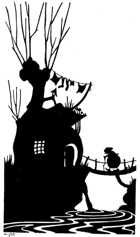 Silhouette illustration of a small, rustic cottage with bare branches growing from its roof and laundry hanging on a line, with a hunched figure walking across a rope bridge toward it over a stream.