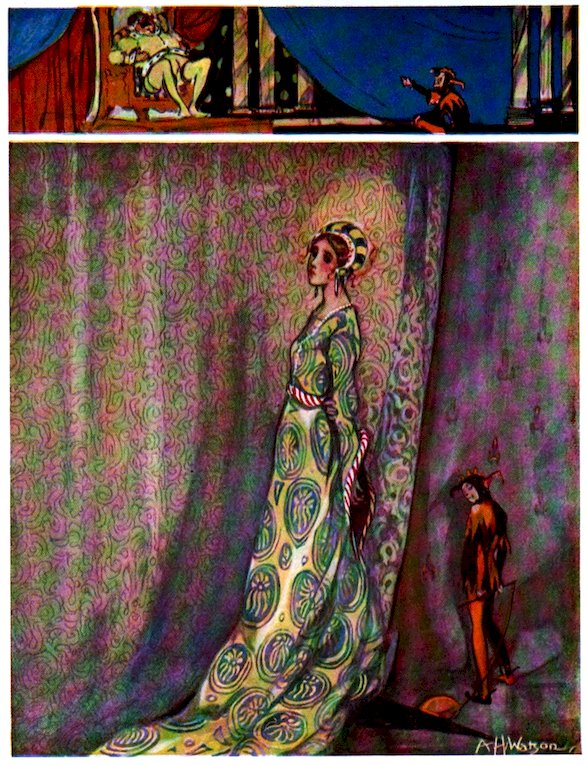 Color illustration featuring a split scene: the upper panel shows a person reclining on a throne while a jester looks up from below, and the lower panel shows a woman wearing a patterned, flowing gown and headdress standing near a curtain, with a jester standing nearby.