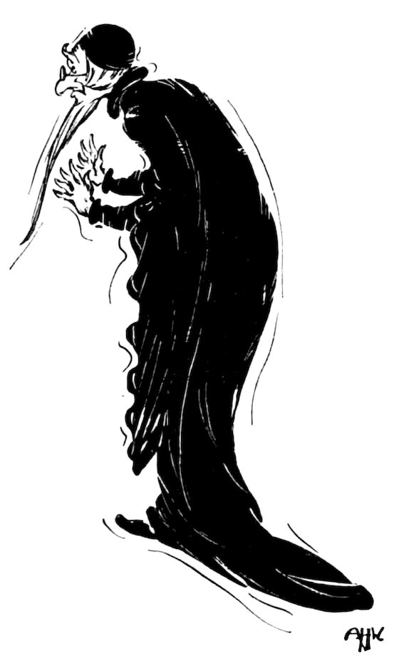Black and white illustration of a cloaked, hunched figure with a long nose and glasses, holding their hands out forward.