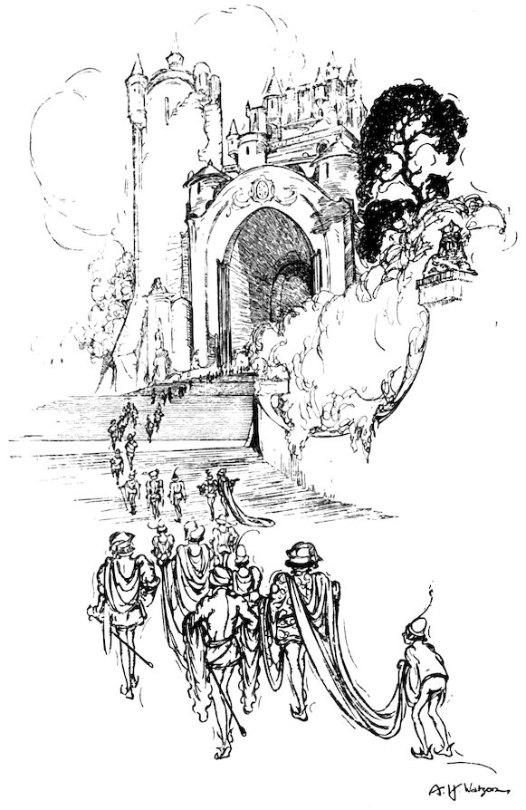 Black and white illustration of a large procession of figures in historical attire walking up a grand stairway toward the arched entrance of a palace.