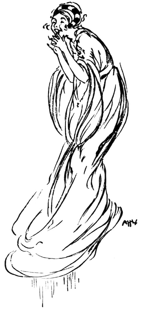 Black and white illustration of a princess wearing a long, flowing gown and a patterned cap, holding her hands up near her mouth with a surprised or joyful expression.