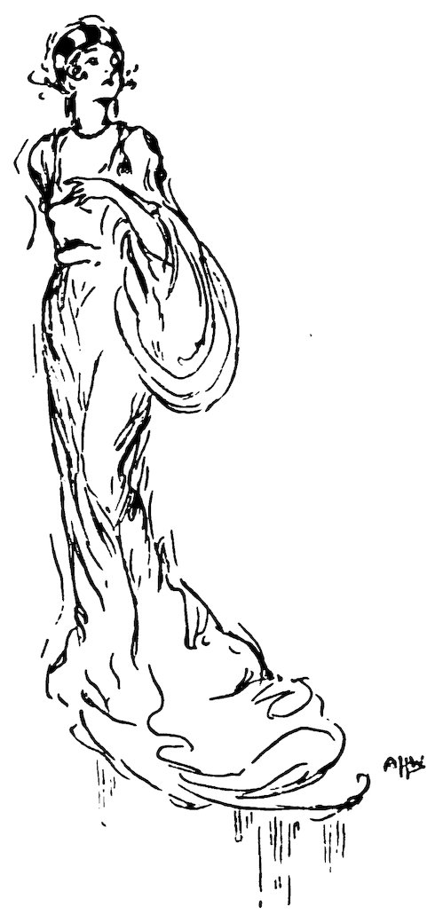 Black and white illustration of a princess wearing a long, flowing dress and a patterned cap, standing with one hand raised to her chest and looking upward.