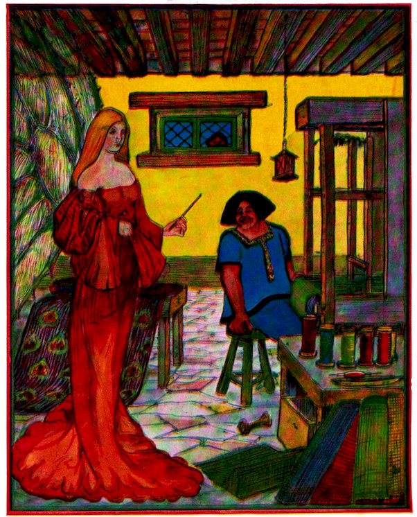 Color illustration featuring a long-haired woman in a red gown holding a thin wand, standing in an indoor workshop with a seated person in a blue tunic working near spools of thread and a loom.