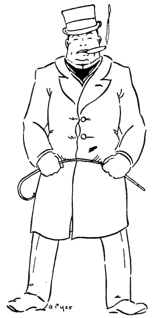 Black and white illustration of a stout man wearing a top hat and heavy coat, smoking a cigar, and holding a cane across his hands.
