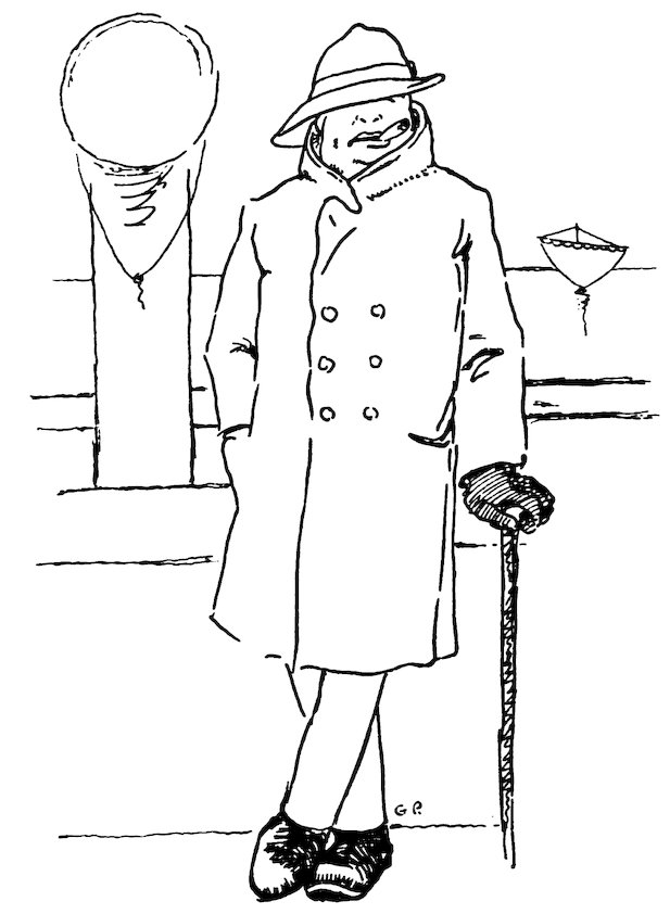 Black and white illustration of a man wearing a slouch hat and double-breasted coat, smoking a cigar, standing with his legs crossed while leaning on a walking stick.