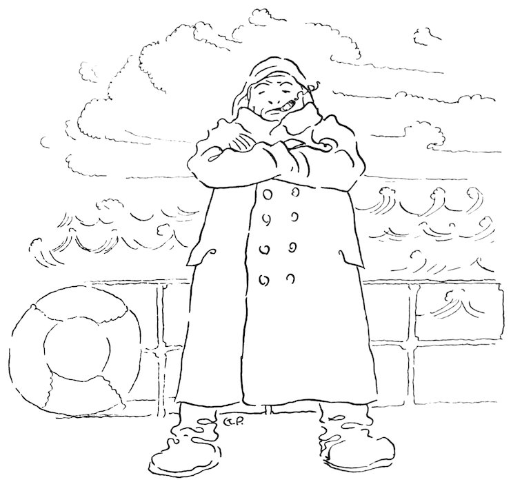 Black and white illustration of a man standing on the deck of a ship with his arms crossed, wearing a double-breasted coat and a hat, smoking a cigar, with a life preserver and rough ocean waves in the background.