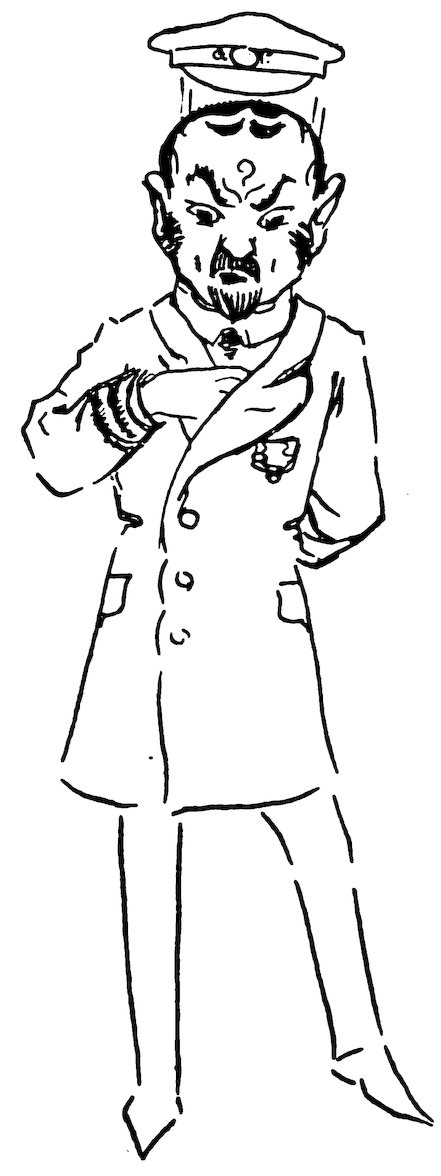 Black and white illustration of a captain in a uniform and cap, with his cap floating slightly above his head, adjusting his coat lapel.