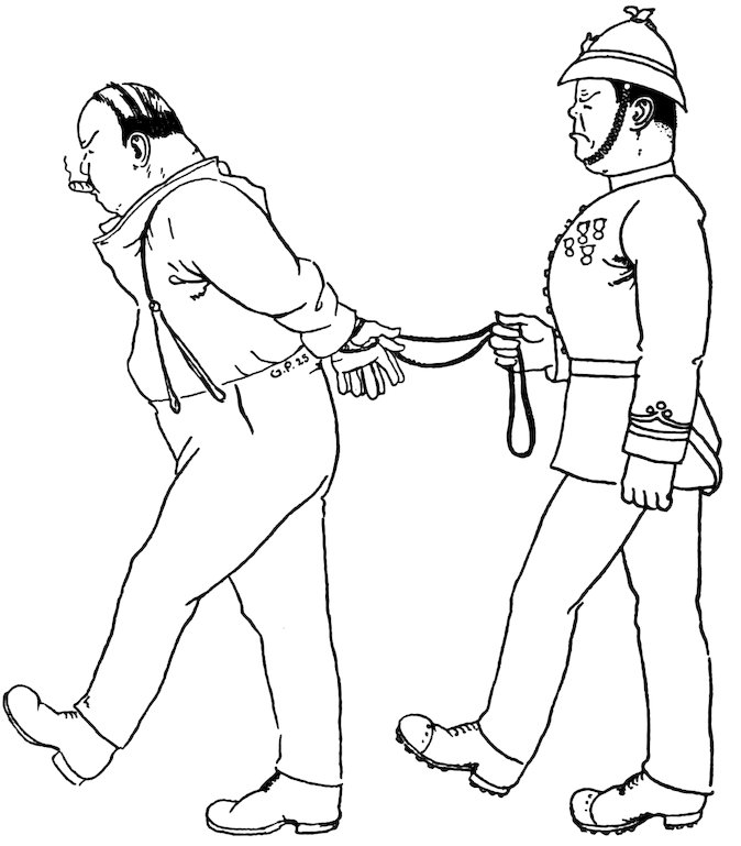 Black and white illustration of an officer in a pith helmet leading a handcuffed, smoking man by a tether to the left.