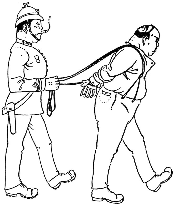 Black and white illustration of an officer in a pith helmet smoking a cigar while leading a handcuffed, stout man by a tether to the right.