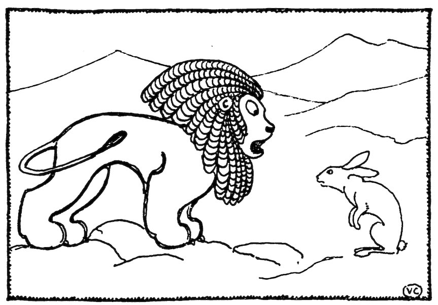 Black and white illustration of a lion with a stylized, patterned mane confronting a hare standing on its hind legs outdoors against a hilly background.