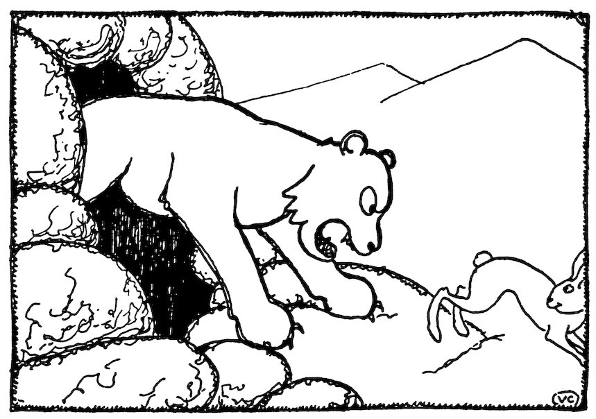 Black and white illustration of a lioness emerging from a rocky cave, roaring or baring its teeth at a hare that is hopping away.
