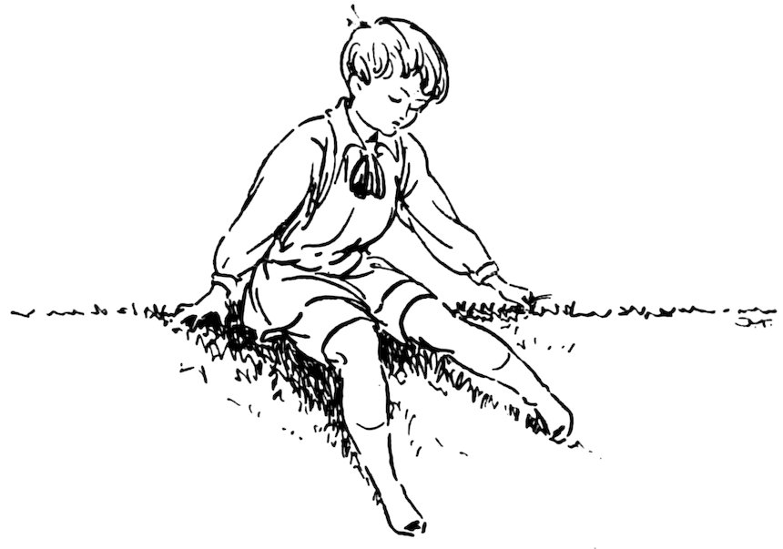 Black and white illustration of a young boy sitting on a grassy mound or slope, looking down and touching the grass with one hand.