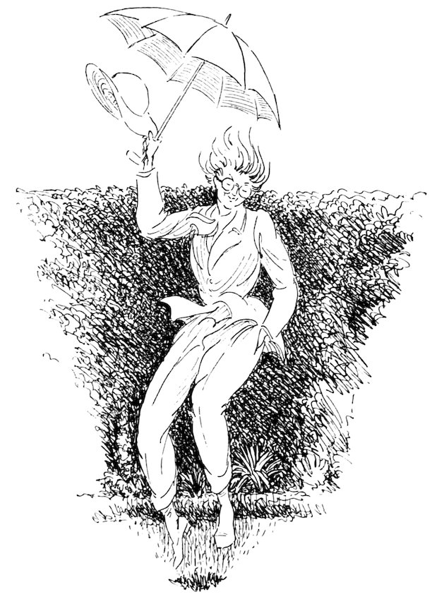 Black and white illustration of a person wearing glasses and a jacket, holding an open umbrella overhead as their hat blows off in the wind, with a dense hedge in the background.