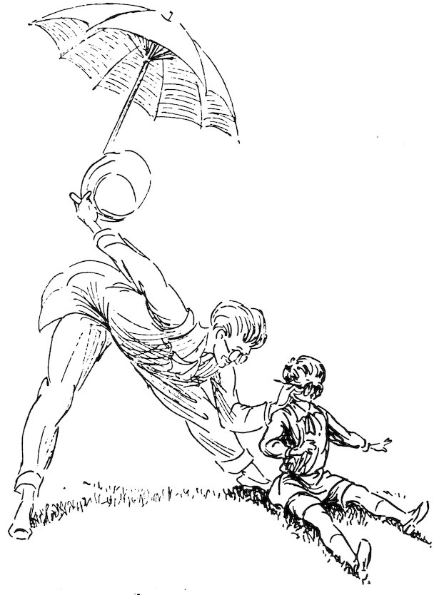Black and white illustration of a person leaning backward while holding an open umbrella and hat in one hand, reaching down to touch a young boy sitting on a grassy slope.