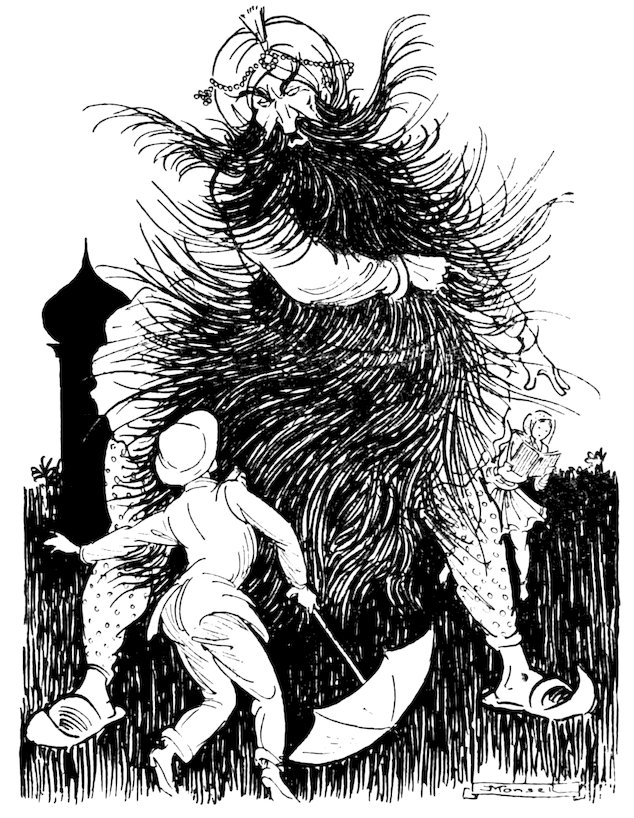 Black and white illustration featuring a giant figure with an immense, wild beard and turban, towering over a smaller person holding an umbrella, with a miniature figure reading in the background.