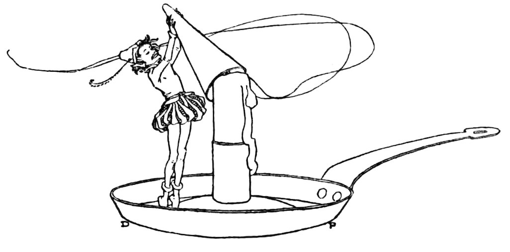 Black and white illustration of a small figure in a ruffled tunic standing in a shallow pan next to a large candle, pulling a paper cone over the top of the candle.
