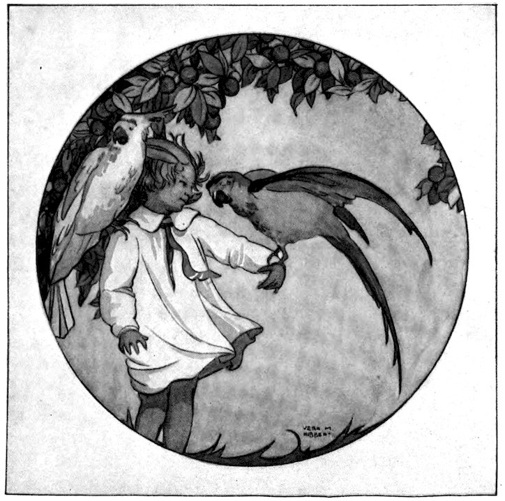 Black and white circular illustration of a child in a tunic interacting with two large parrots or birds, one perched on their shoulder and the other on their hand beneath leafy branches.