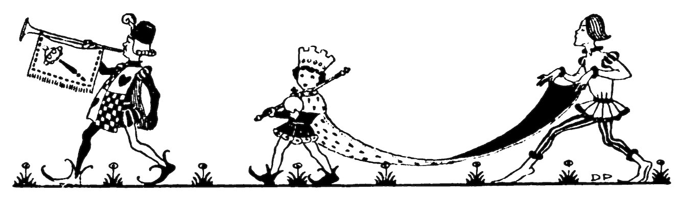 Black and white illustration featuring a herald blowing a trumpet with a banner on the left, a small crowned figure carrying a scepter and orb in the center, and a page holding the long train of the royal cloak on the right.