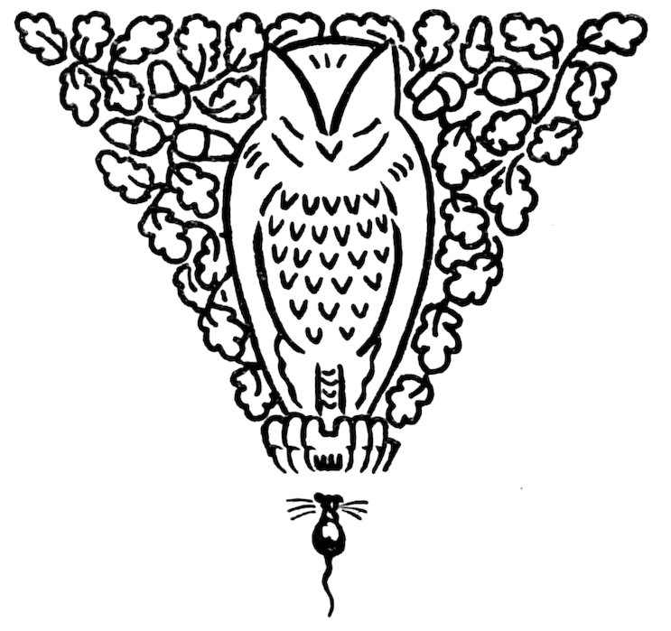 Black and white illustration of an owl perched amidst oak leaves and acorns, looking down at a small mouse below.