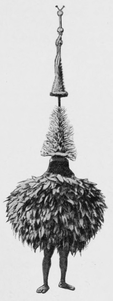 Dancer with a tall decorated headdress, and a leafy outfit covering his body. Only his lower legs are exposed.