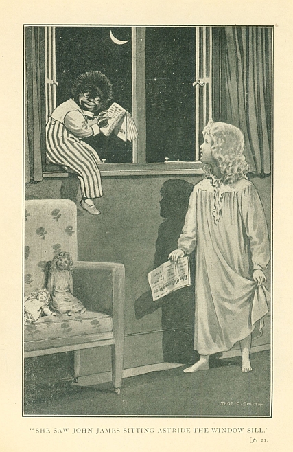 "SHE SAW JOHN JAMES SITTING ASTRIDE THE WINDOW SILL." <i>p.</i> 21.