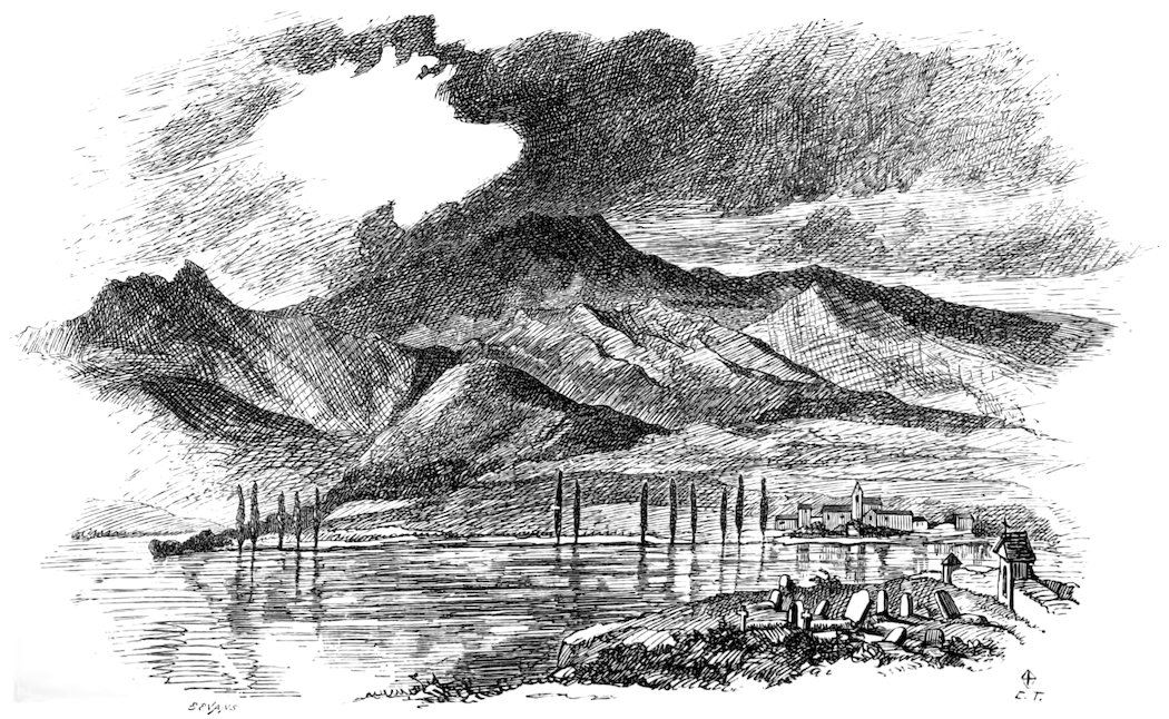 Landscape illustration of a lake, village, and mountains under stormy clouds.