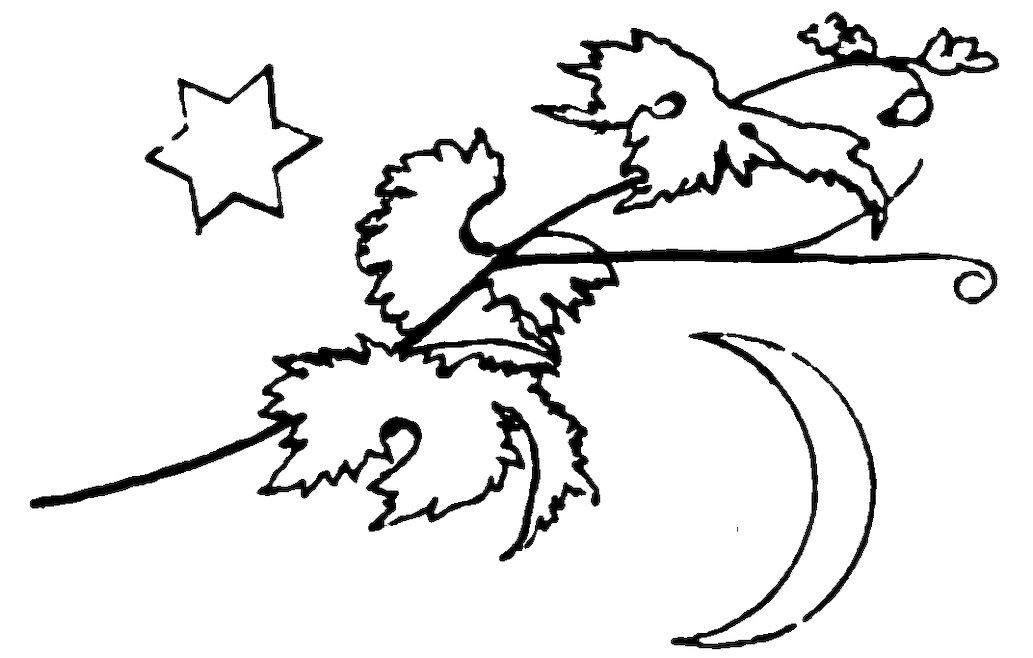 A vine with leaves, a star, and a crescent moon.