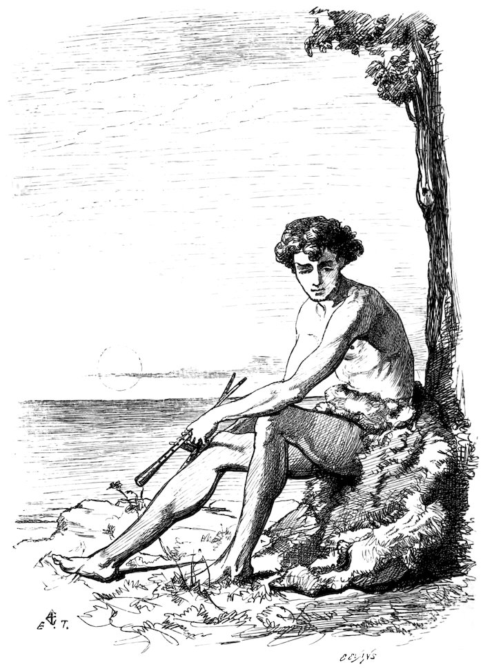 A figure sitting beneath a tree by the sea at sunset.
