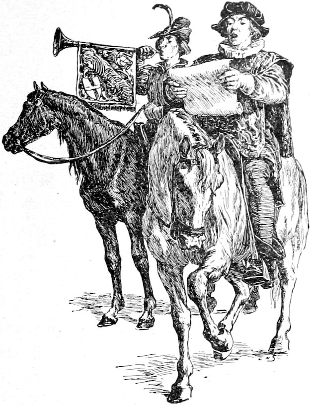 Two men on horseback, one blowing a trumpet with a banner and the other reading a document.