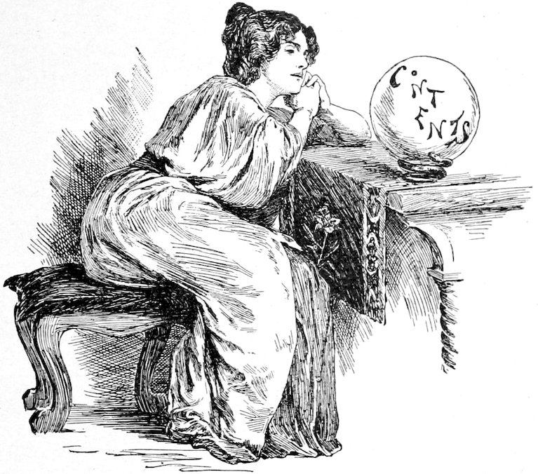 Woman gazing into a crystal ball labeled "CONTENTS".