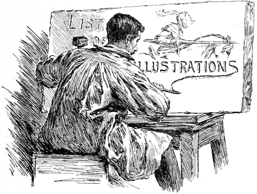 Artist carving a "List of Illustrations" onto a stone slab.