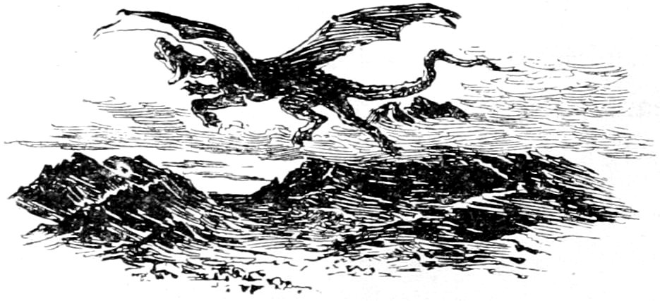 A dragon flying over a rocky landscape.
