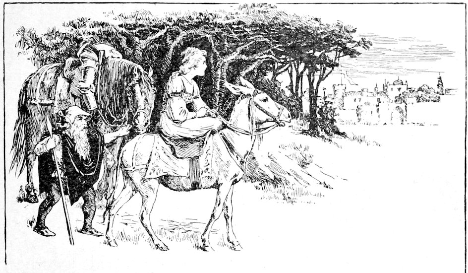 Woman riding a donkey with a dwarf walking alongside and a horse behind.