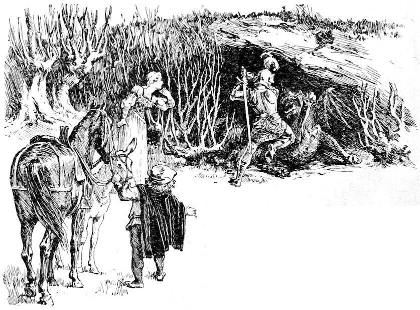 Knight fighting a dragon while a woman and dwarf watch with horses.