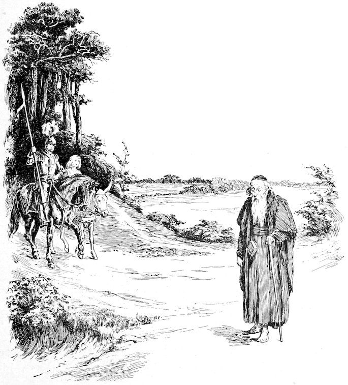 An old bearded hermit standing on a path as a knight and woman approach.