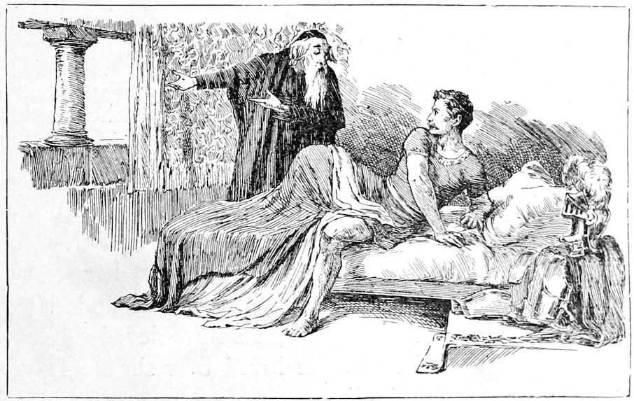 Hermit gesturing toward a doorway while a man sits up in bed.