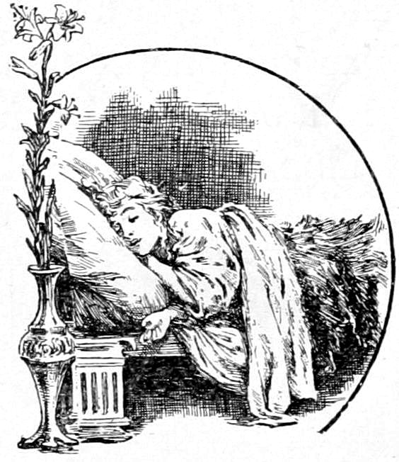 Woman sleeping in bed beside a vase of lilies.