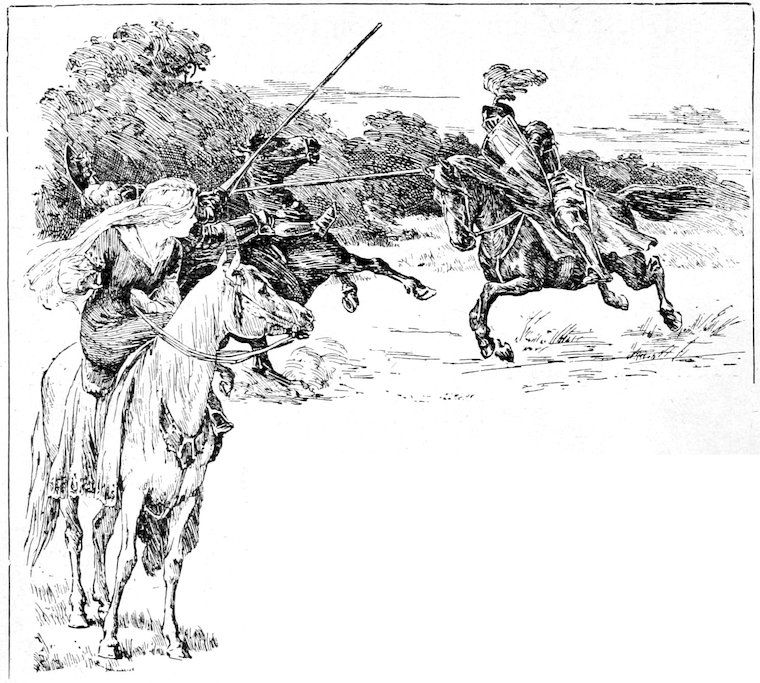 Two knights jousting on horseback while a woman watches from her horse.