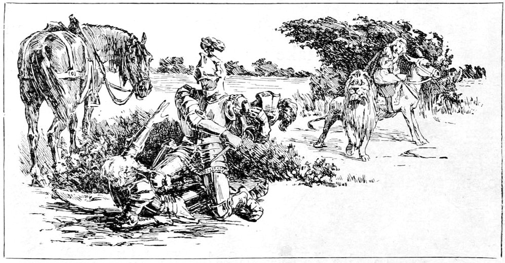 Knight standing over a defeated knight on the ground while a lion and a woman on a donkey watch nearby.