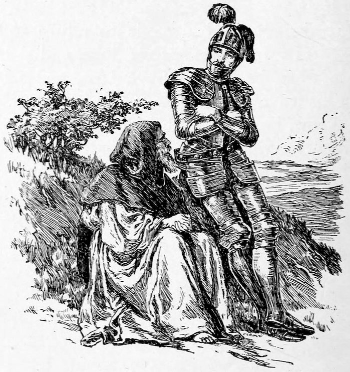 Knight in armor standing next to a seated monk.