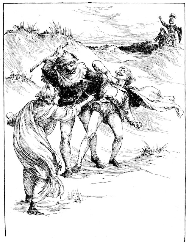 A man attacking and holding another person by the collar while a woman points and shouts, with a knight and another figure watching in the distance.
