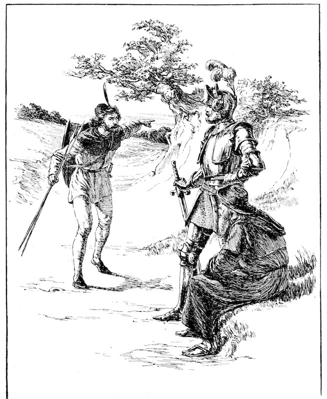 A man holding spears and pointing while a knight stands and another figure sits nearby.