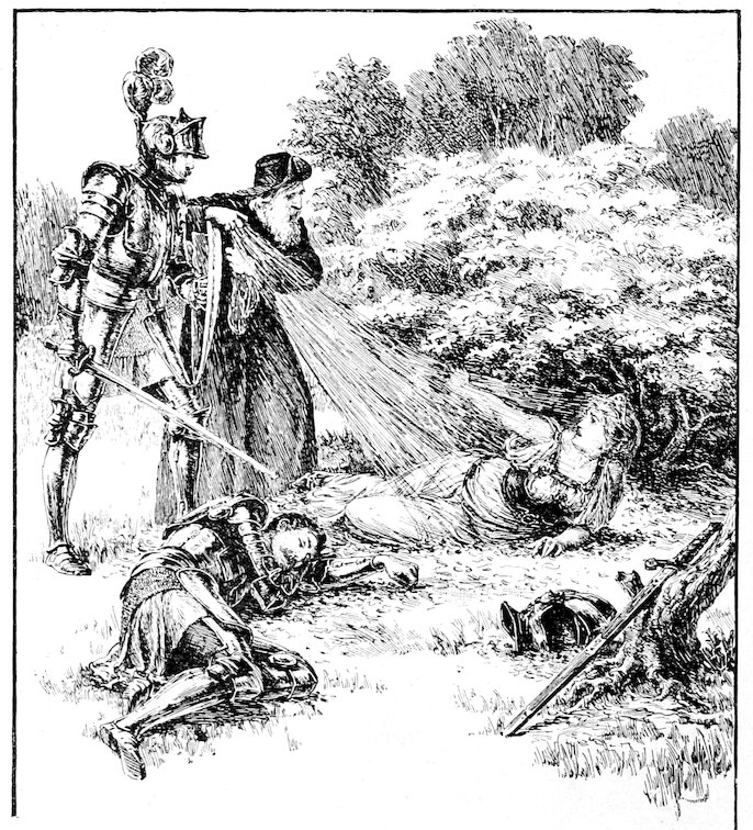A knight and an old man standing near a fallen knight on the ground while a woman lies nearby reaching out toward them.