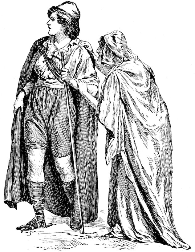 Person in a cloak holding a staff standing next to a hooded figure.